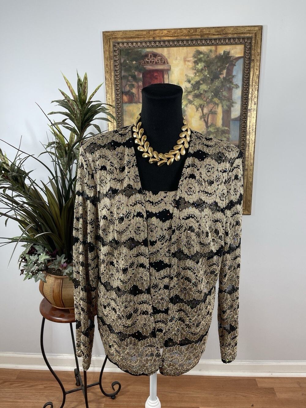R&M‎ Richards Gold Black Lace Sequin Jacket Top Set Size 16 Formal Evening